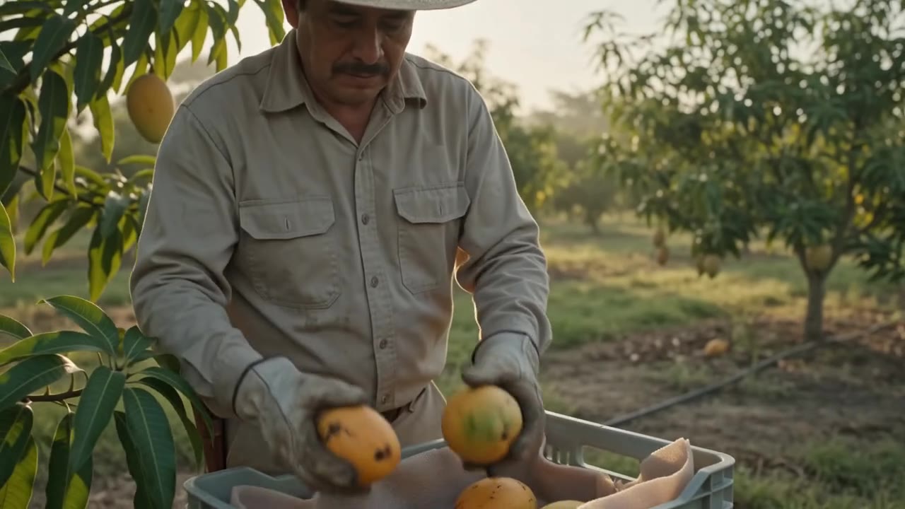 Personal adulto recolectando fruta fresca en una finca tropical